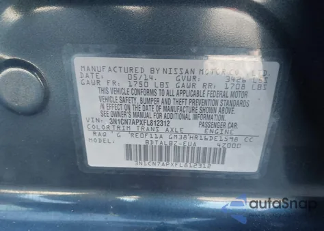 2015 Nissan Versa 1.6 S/1.6 S+/1.6 Sl/1.6 Sv z USA, uszkodzony, nr VIN 3N1CN7APXFL812312